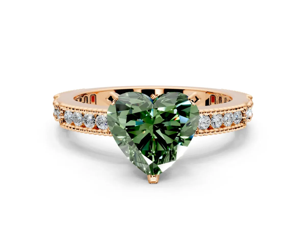 Solitaire Engagement Ring Setting for Fancy Green Heart-Shaped Center with Milgrain-Edged Pave Band and Prong Head in Rose Gold