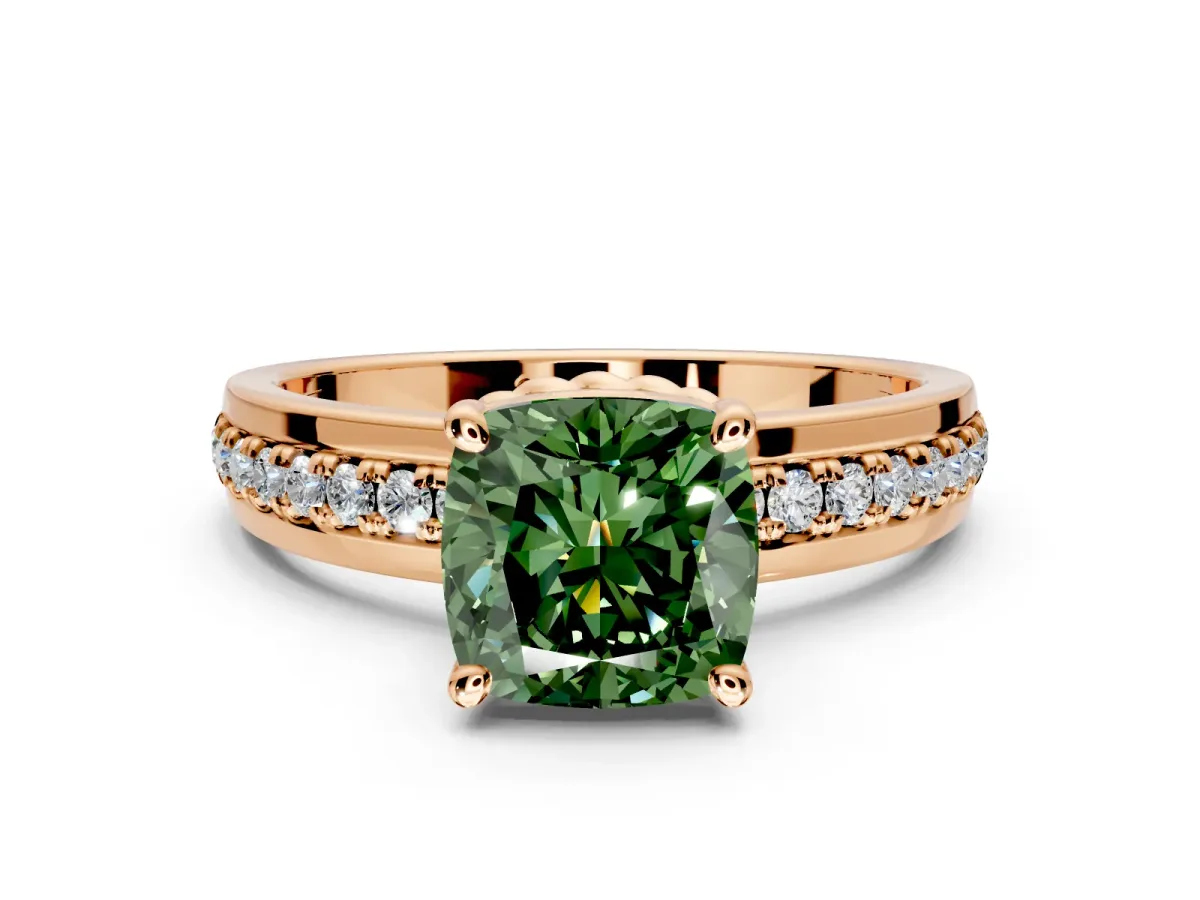 Solitaire Engagement Ring Setting for Fancy Green Cushion Cut Center with Raised Channel Band and Prong Head in Rose Gold
