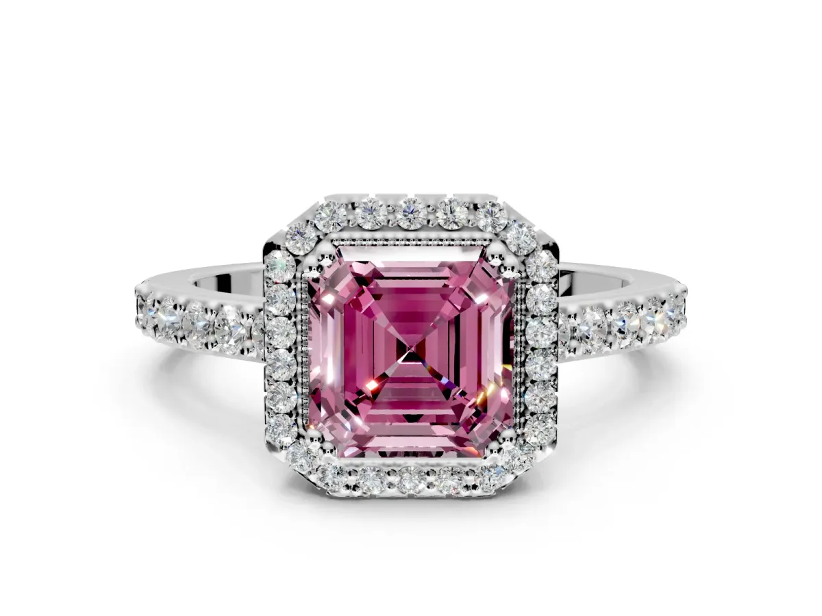 Halo Engagement Ring Setting for Fancy Pink Asscher Cut Center with Inner Milgrain Border and Prong Head in White Gold