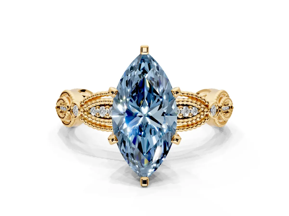 Solitaire Engagement Ring Setting for Fancy Blue Marquise Center with Marquise Panel Band and Prong Head in Yellow Gold