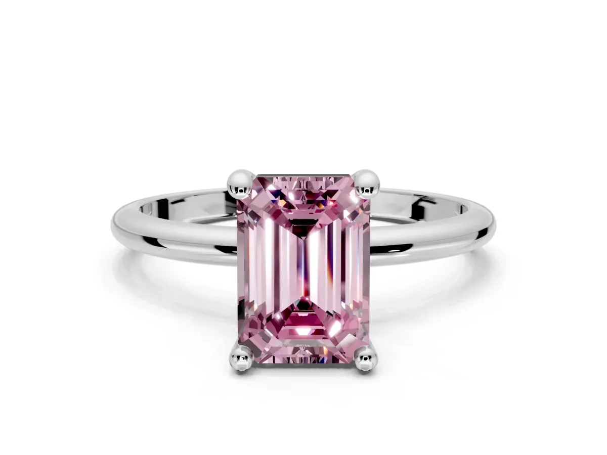 Minimalist Solitaire Engagement Ring Setting for Fancy Pink Emerald Cut Center with Thin Band and Prong Head in White Gold
