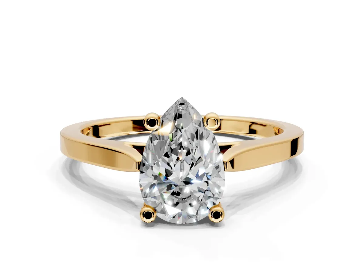 Solitaire Engagement Ring Setting for Pear-Shaped Center with Tapered Shoulders and Prong Head in Yellow Gold