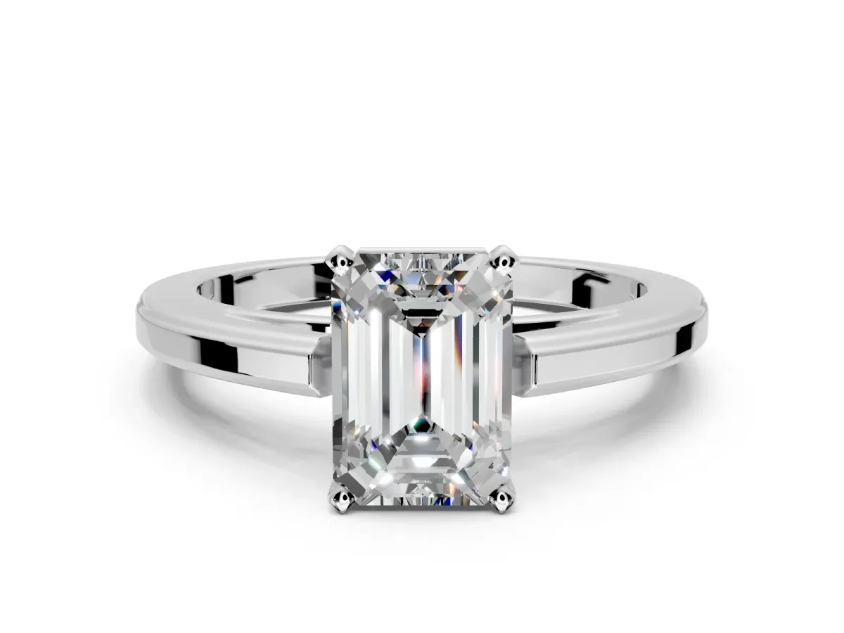Solitaire Engagement Ring Setting for Emerald Cut Center with Flat-Sided Plain Band and Prong Head in Sterling Silver