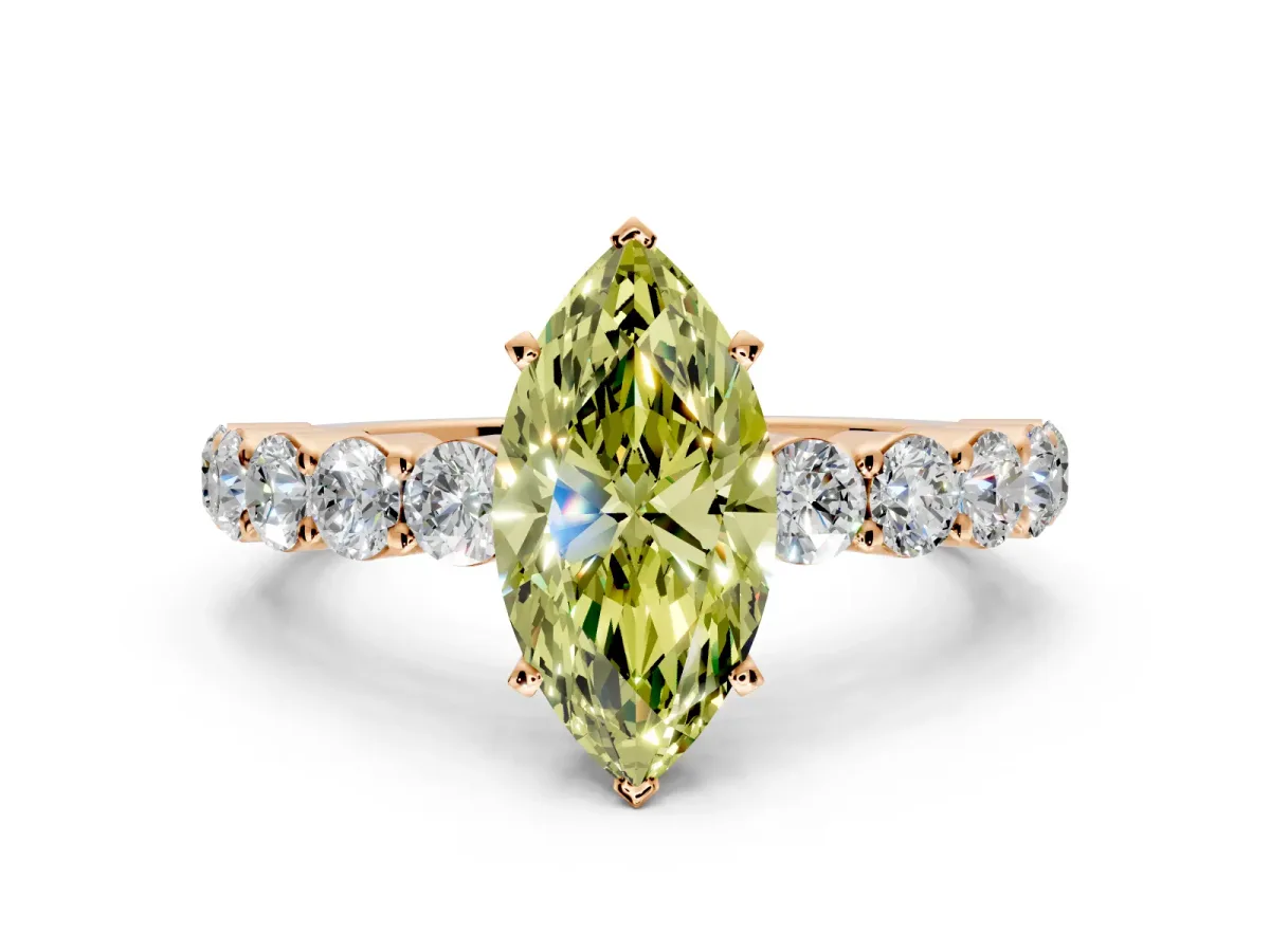 Shared-Prong Engagement Ring Setting for Fancy Yellow Marquise Center with Graduated Accents and Prong Head in Rose Gold