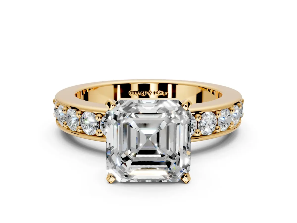 Solitaire Engagement Ring Setting for Asscher Cut Center with Channel-Set Accents and Prong Head in Yellow Gold