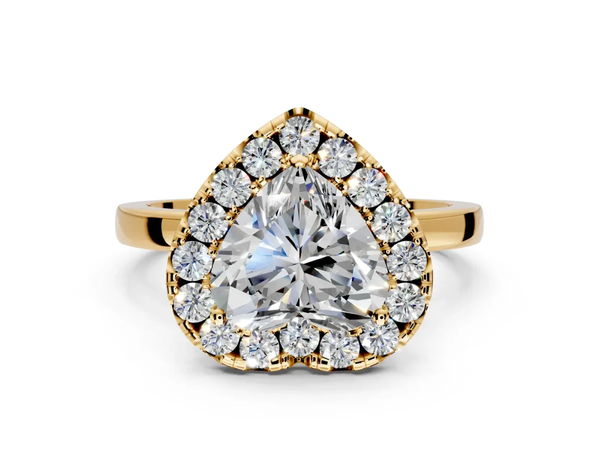 Halo Engagement Ring Setting for Heart-Shaped Center with Thin Plain Band and Prong Head in Yellow Gold