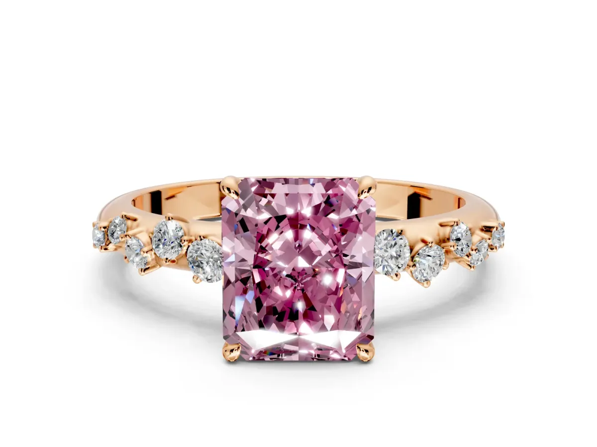 Cluster Engagement Ring Setting for Fancy Pink Radiant Cut Center with Round Cut Accent Band and Prong Head in Rose Gold