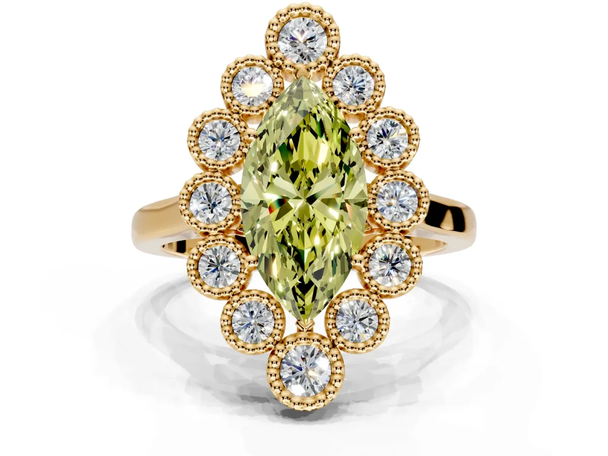 Cluster Halo Engagement Ring Setting for Fancy Yellow Marquise Center with Milgrain Bezel Accents and Prong Head in Yellow Gold