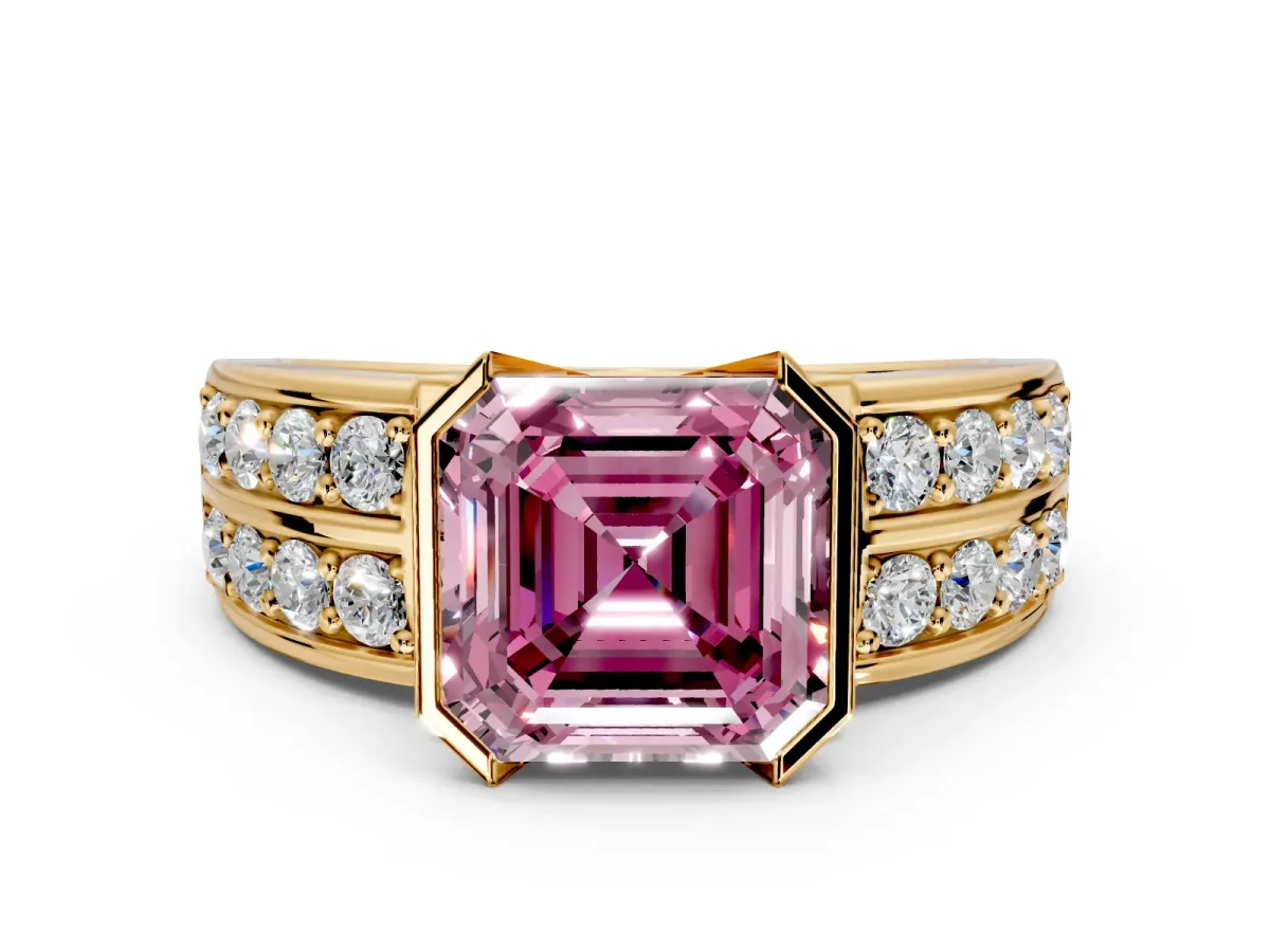 Bezel Engagement Ring Setting for Fancy Pink Asscher Cut Center with Wide Channel-Set Band and Bezel Head in Yellow Gold