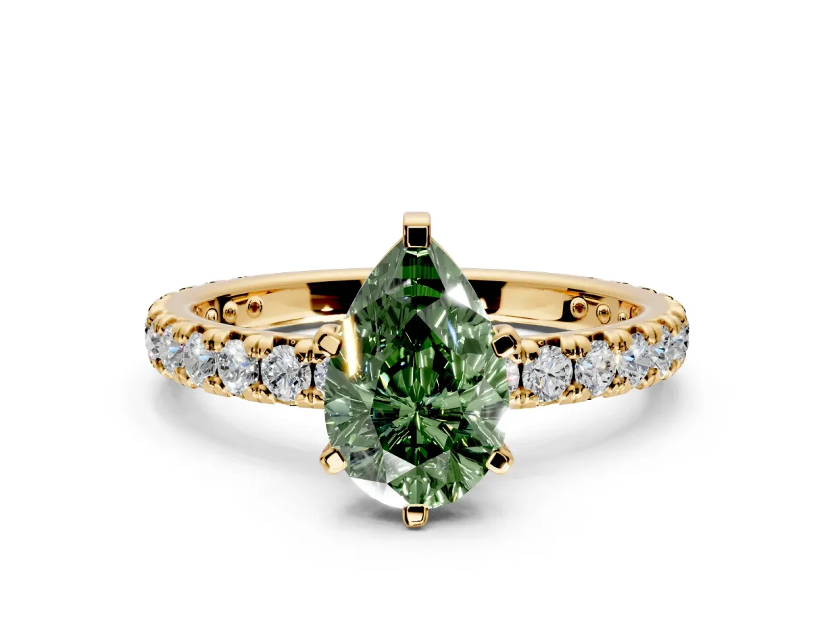 Solitaire Engagement Ring Setting for Fancy Green Pear-Shaped Center with Shared-Prong Accents and Prong Head in Yellow Gold