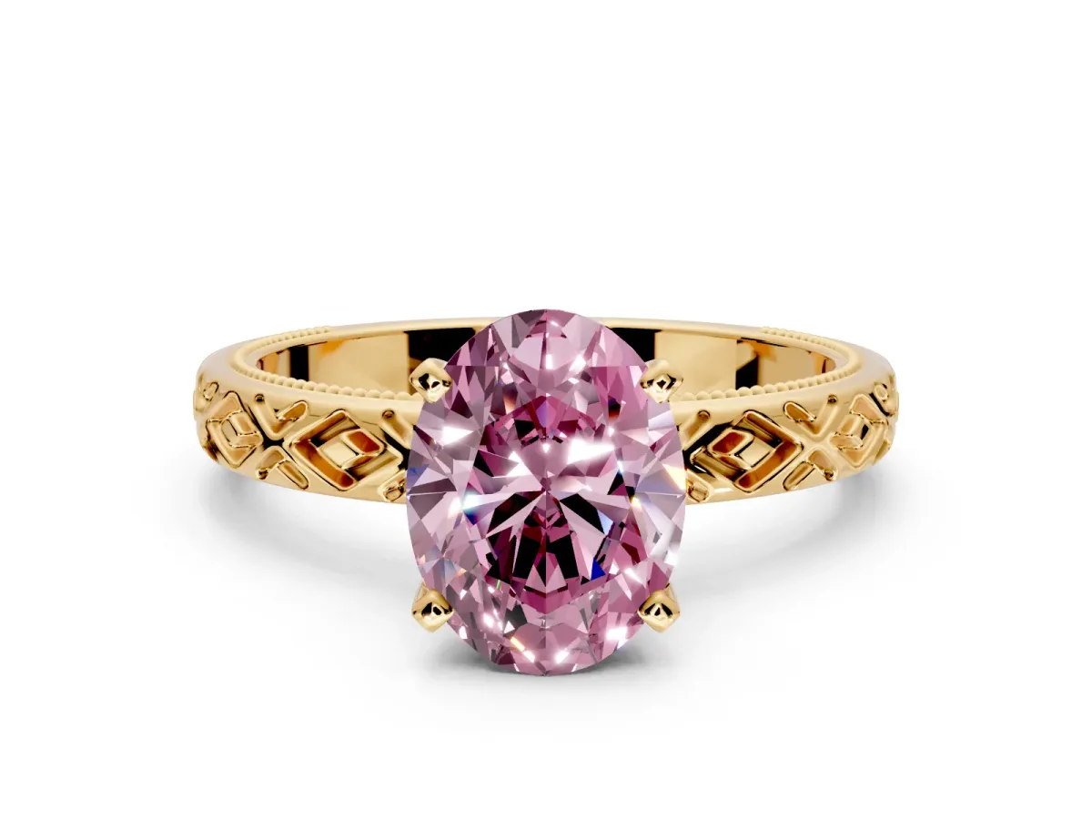 Solitaire Engagement Ring Setting for Fancy Pink Oval Center with Milgrain X Pattern Band and Prong Head in Yellow Gold