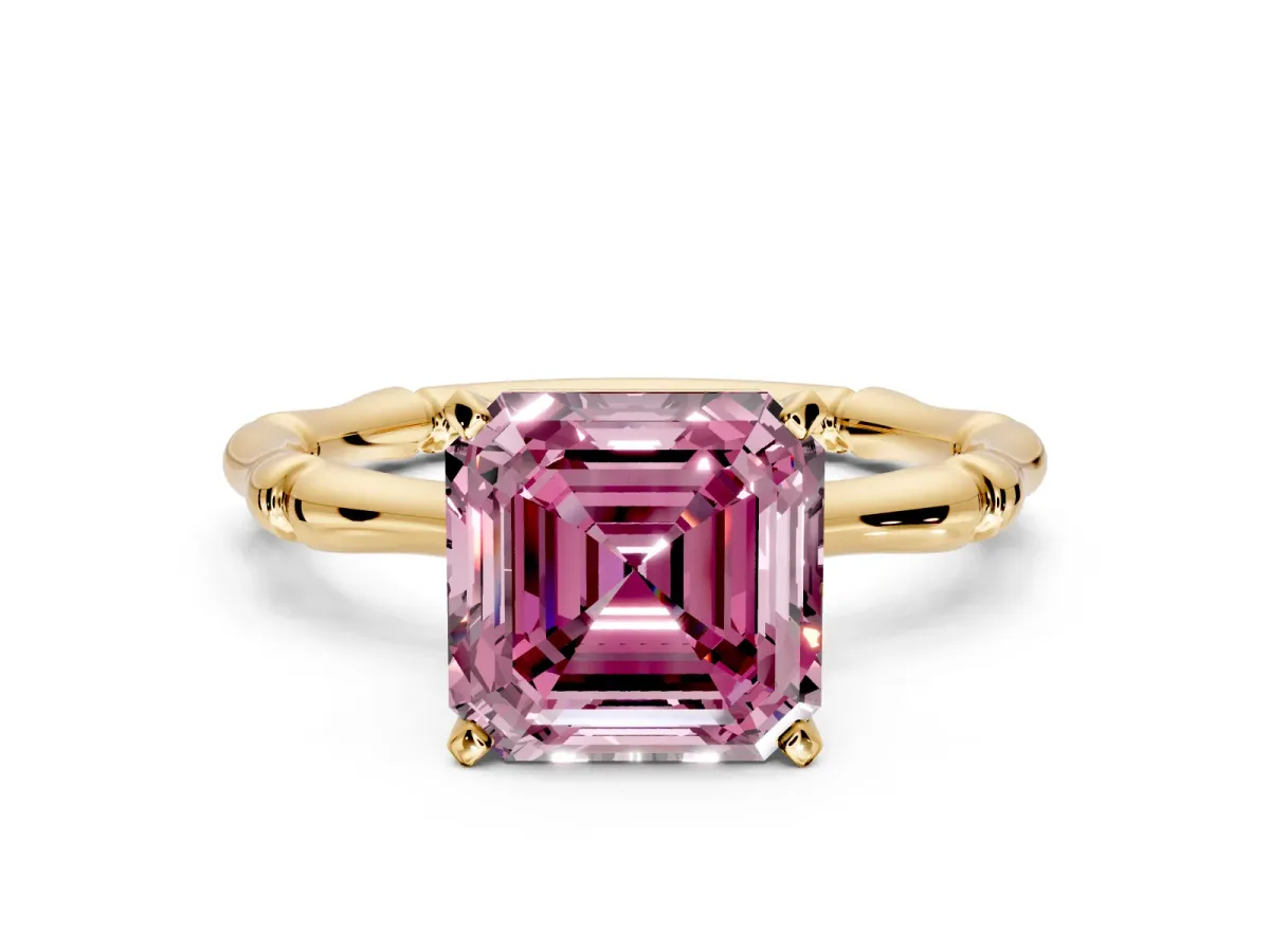 Solitaire Engagement Ring Setting for Fancy Pink Asscher Cut Center with Bamboo Band and Prong Head in Yellow Gold
