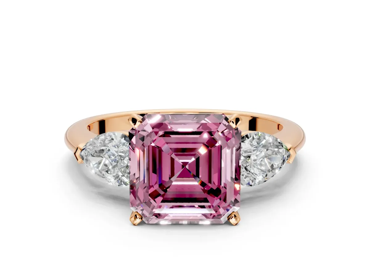 3 Stone Engagement Ring Setting for Fancy Pink Asscher Cut Center with Large Pear-Shaped Accents and Prong Head in Rose Gold