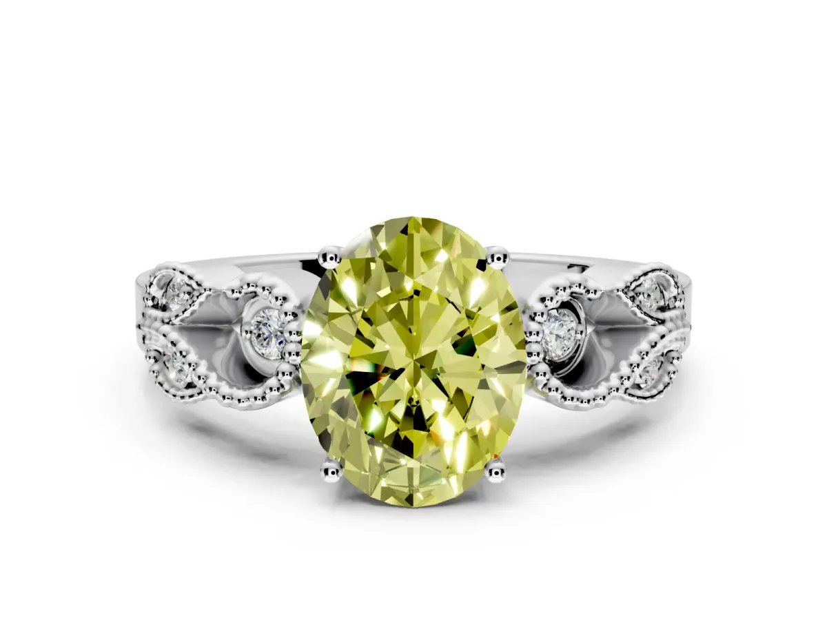 Leaf Engagement Ring Setting for Fancy Yellow Oval Center with Milgrain Accent Band and Prong Head in Platinum