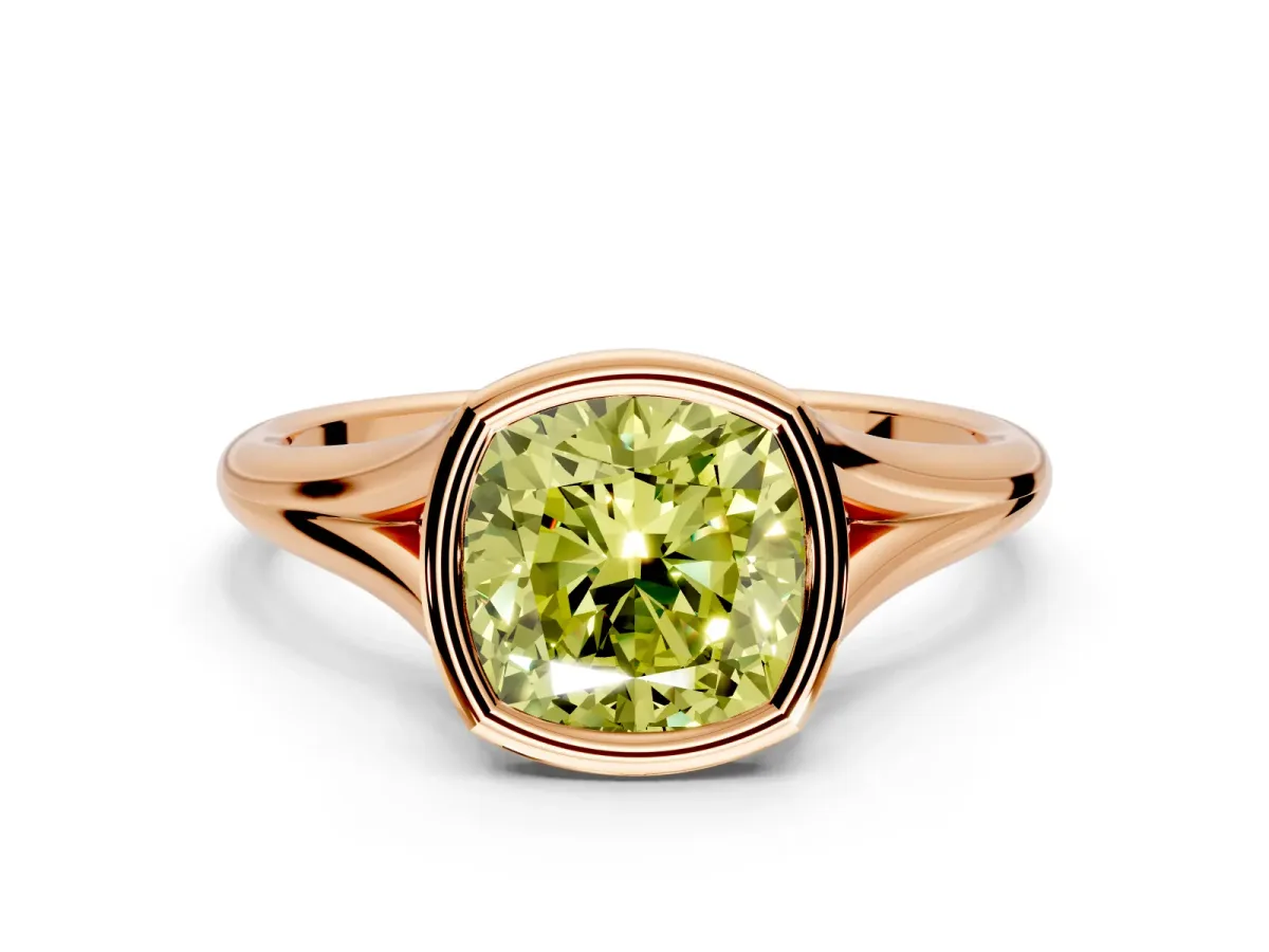 Solitaire Engagement Ring Setting for Fancy Yellow Cushion Cut Center with V Split Shank and Bezel Head in Rose Gold