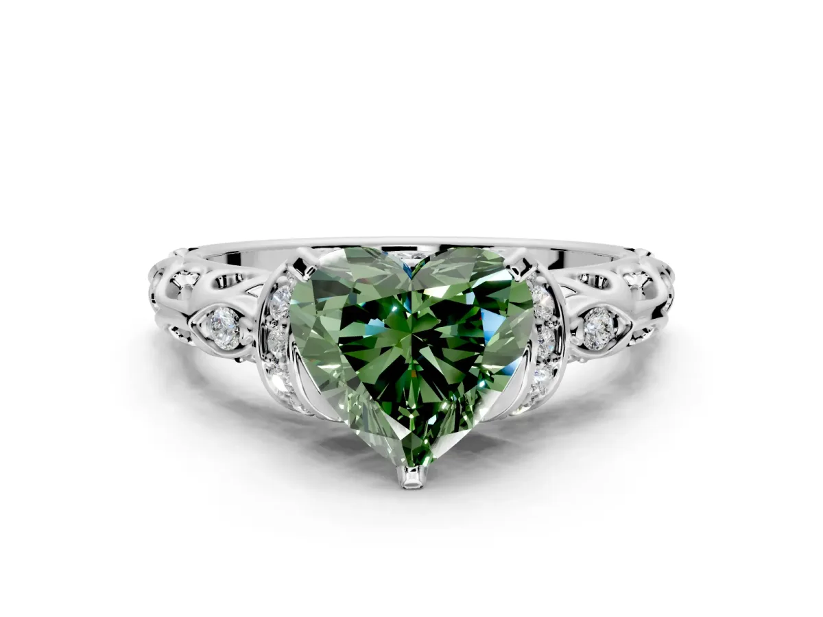 Solitaire Engagement Ring Setting for Fancy Green Heart-Shaped Center with Filigree Band and Prong Head in White Gold