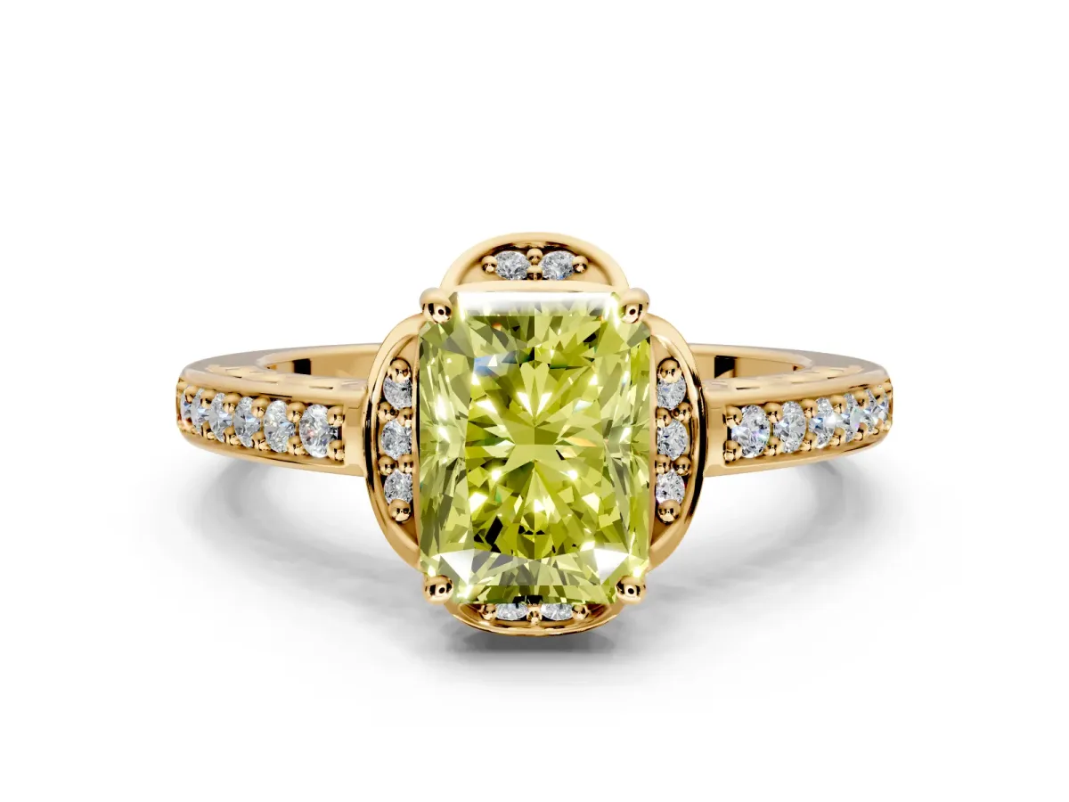 Floral Engagement Ring Setting for Fancy Yellow Radiant Cut Center with Four Accent Clusters and Prong Head in Yellow Gold
