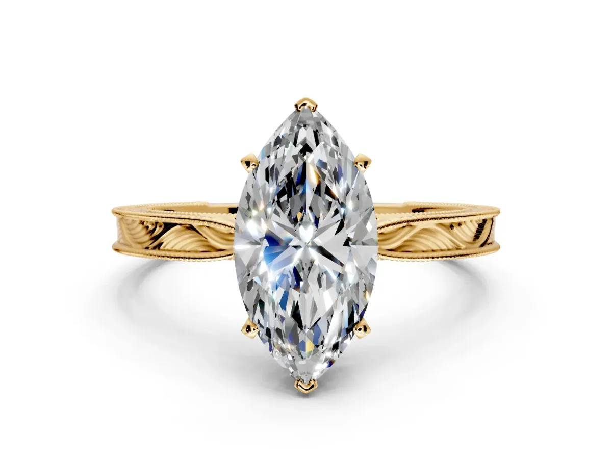 Solitaire Engagement Ring Setting for Marquise Center with Engraved Milgrain Band and Prong Head in Yellow Gold