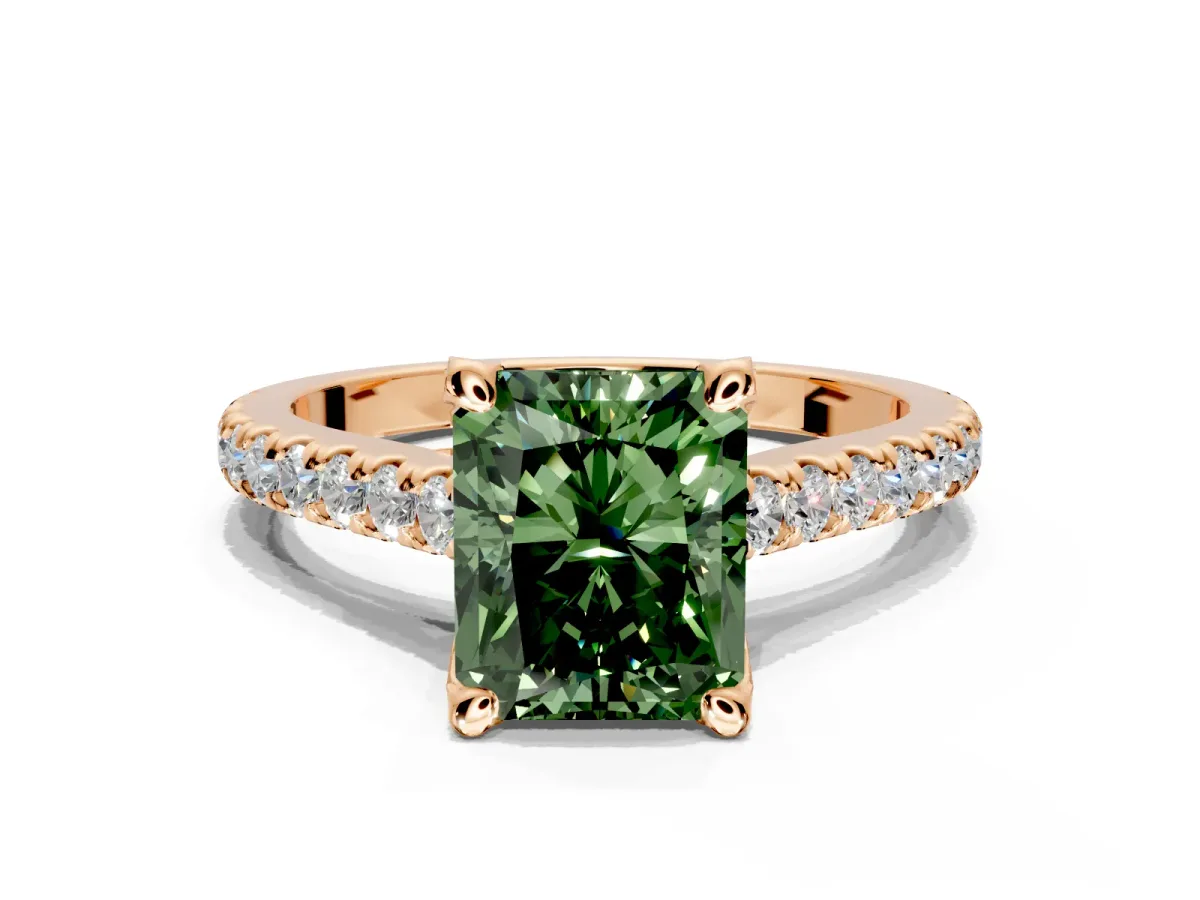 Solitaire Engagement Ring Setting for Fancy Green Radiant Cut Center with Widening Pave Band and Claw Prong Head in Rose Gold