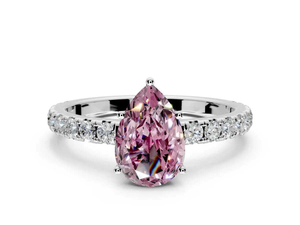 Solitaire Engagement Ring Setting for Fancy Pink Pear-Shaped Center with Large Accent Band and Prong Head in White Gold