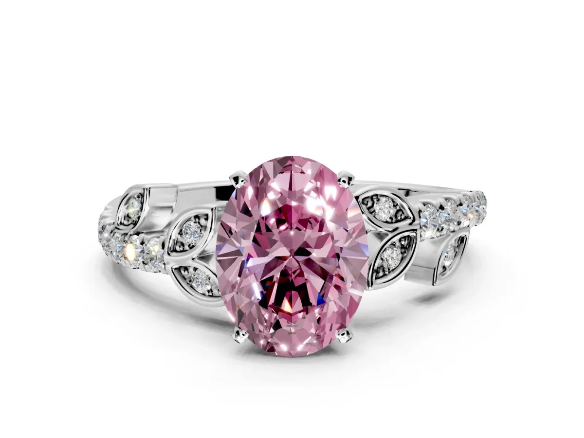 Leaf Motif Engagement Ring Setting for Fancy Pink Oval Center with Pave Band and Prong Head in Platinum