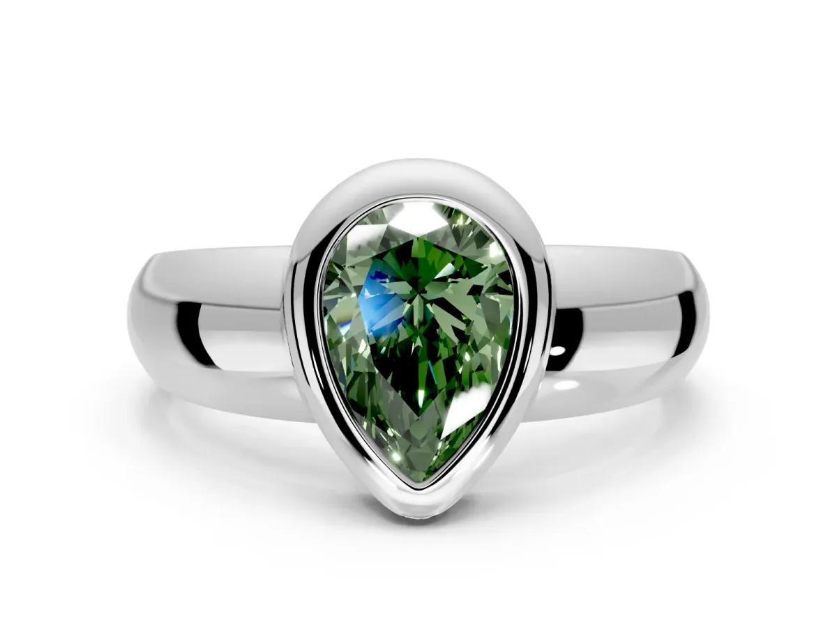 Solitaire Engagement Ring Setting for Fancy Green Pear-Shaped Center with Wide Band and Bezel Head in Platinum