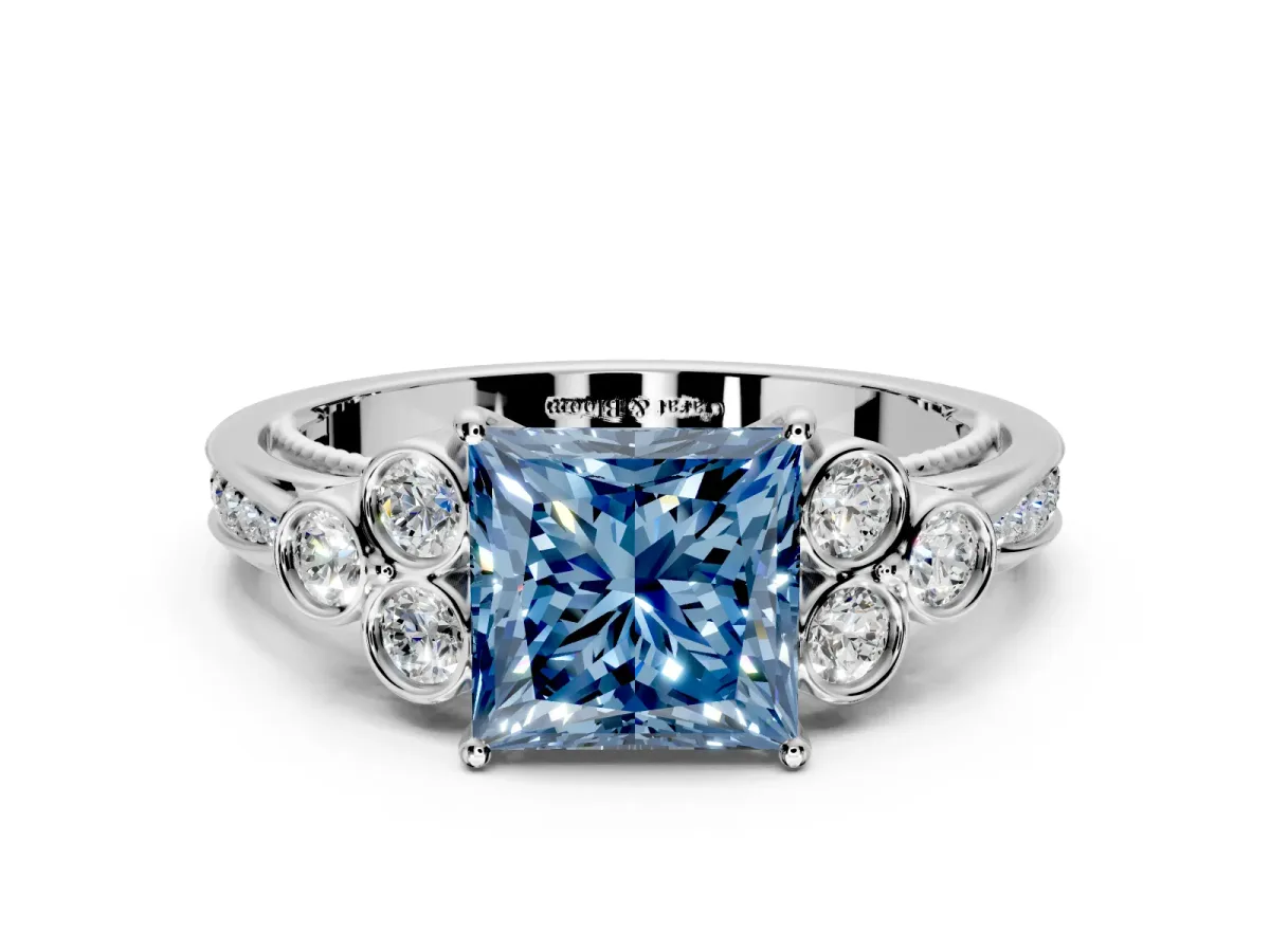 Cluster Engagement Ring Setting for Fancy Blue Princess Cut Center with Bezel Accent Clusters and Prong Head in Platinum