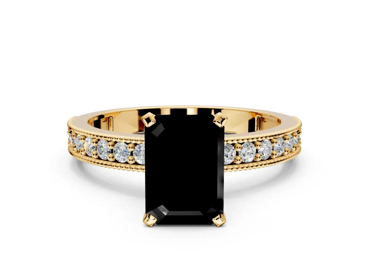 Milgrain Pave Engagement Ring Setting for Fancy Black Emerald Cut Center with Accent Band and Prong Head in Yellow Gold