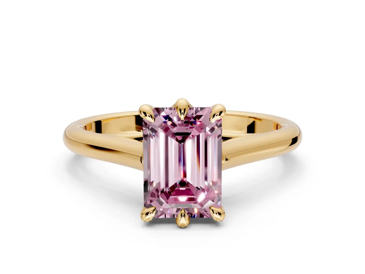 Solitaire Engagement Ring Setting for Fancy Pink Emerald Cut Center with Cathedral Band and Prong Head in Yellow Gold