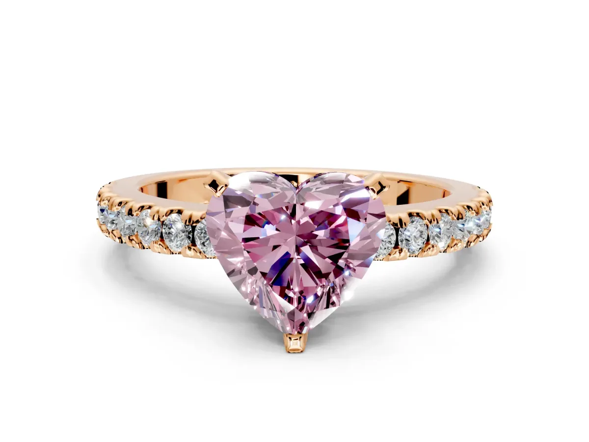 Solitaire Engagement Ring Setting for Fancy Pink Heart-Shaped Center with Single Row Accent Band and Prong Head in Rose Gold