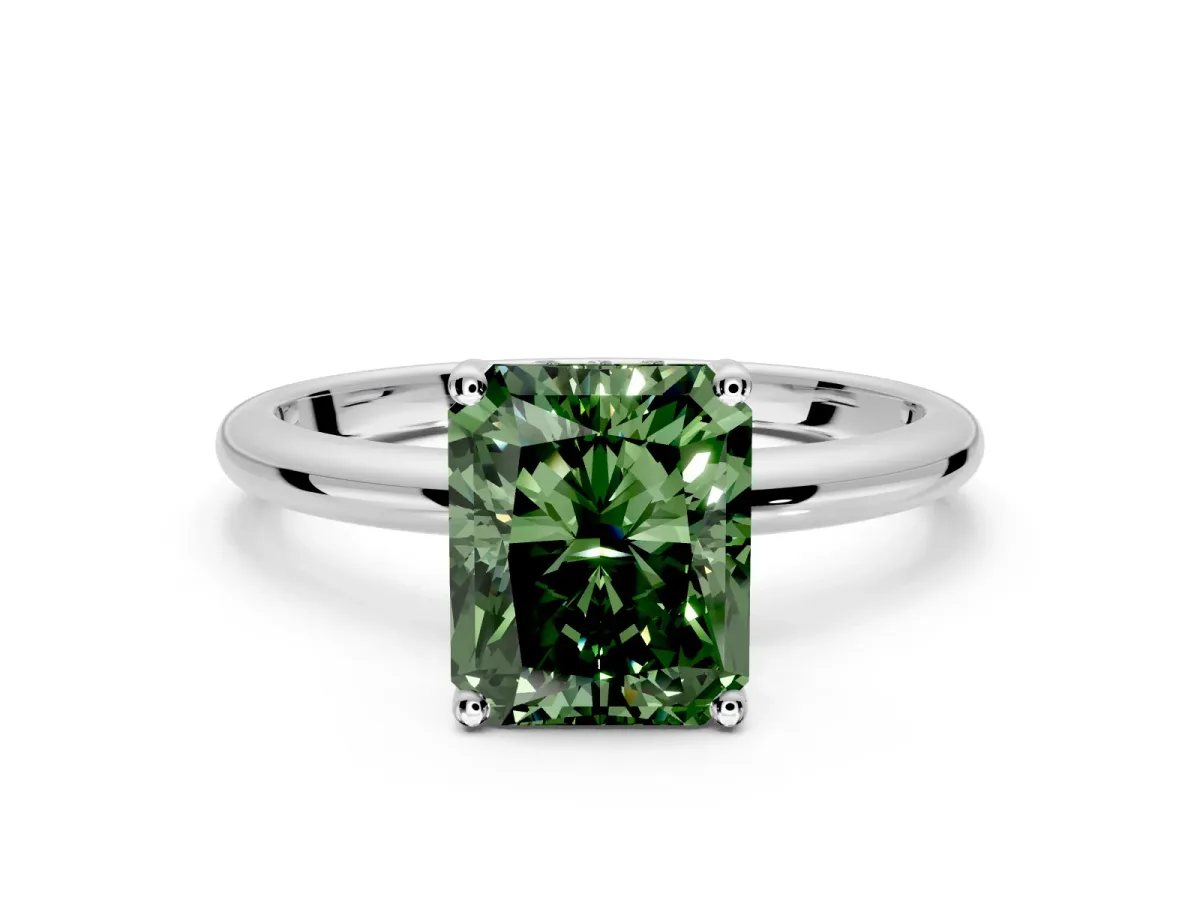 Hidden Halo Engagement Ring Setting for Fancy Green Radiant Cut Center with Thin Round-Wire Band and Prong Head in Platinum