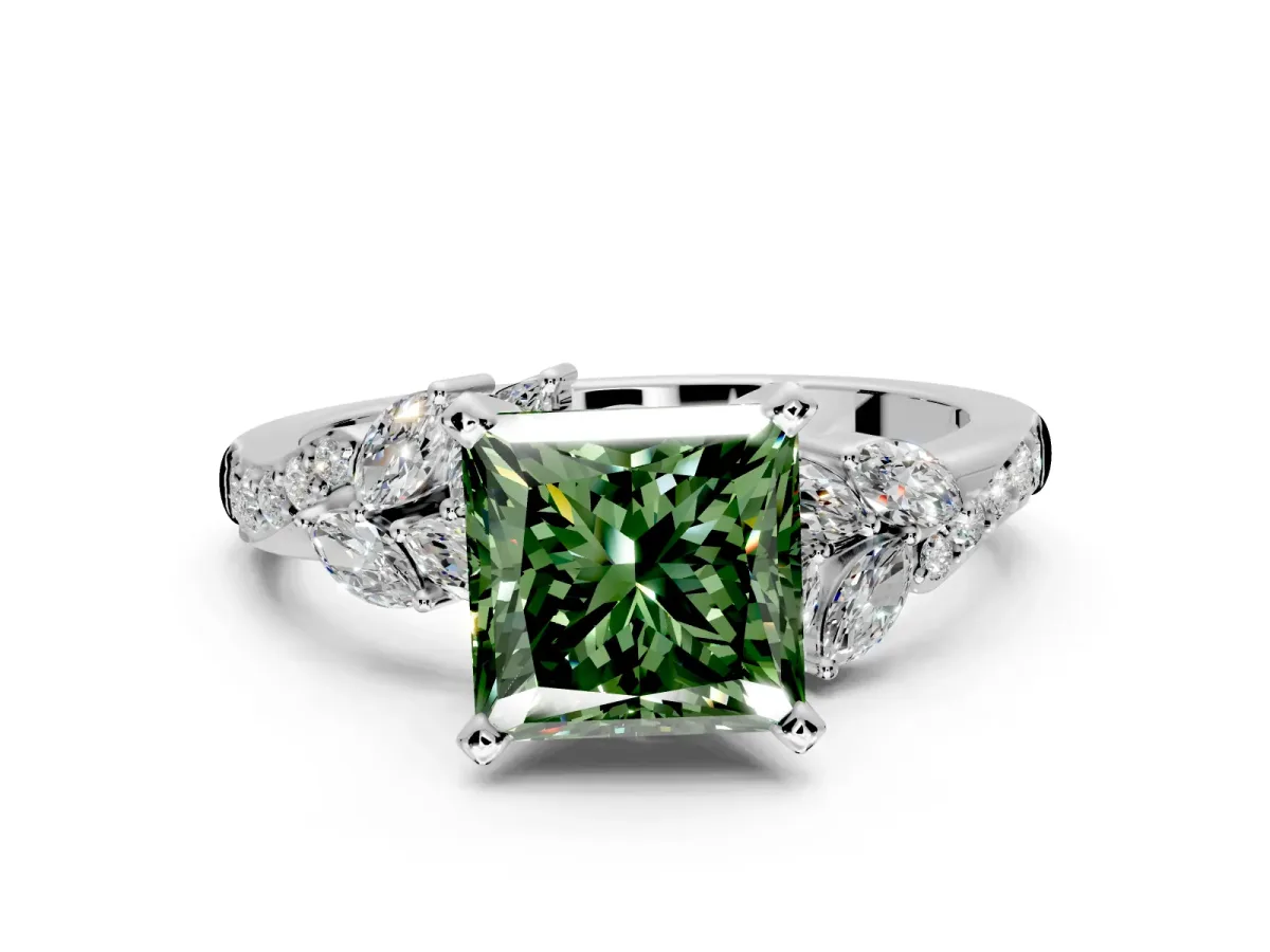 Solitaire Engagement Ring Setting for Fancy Green Princess Cut Center with Marquise Accent Twist Band and Prong Head in Sterling Silver