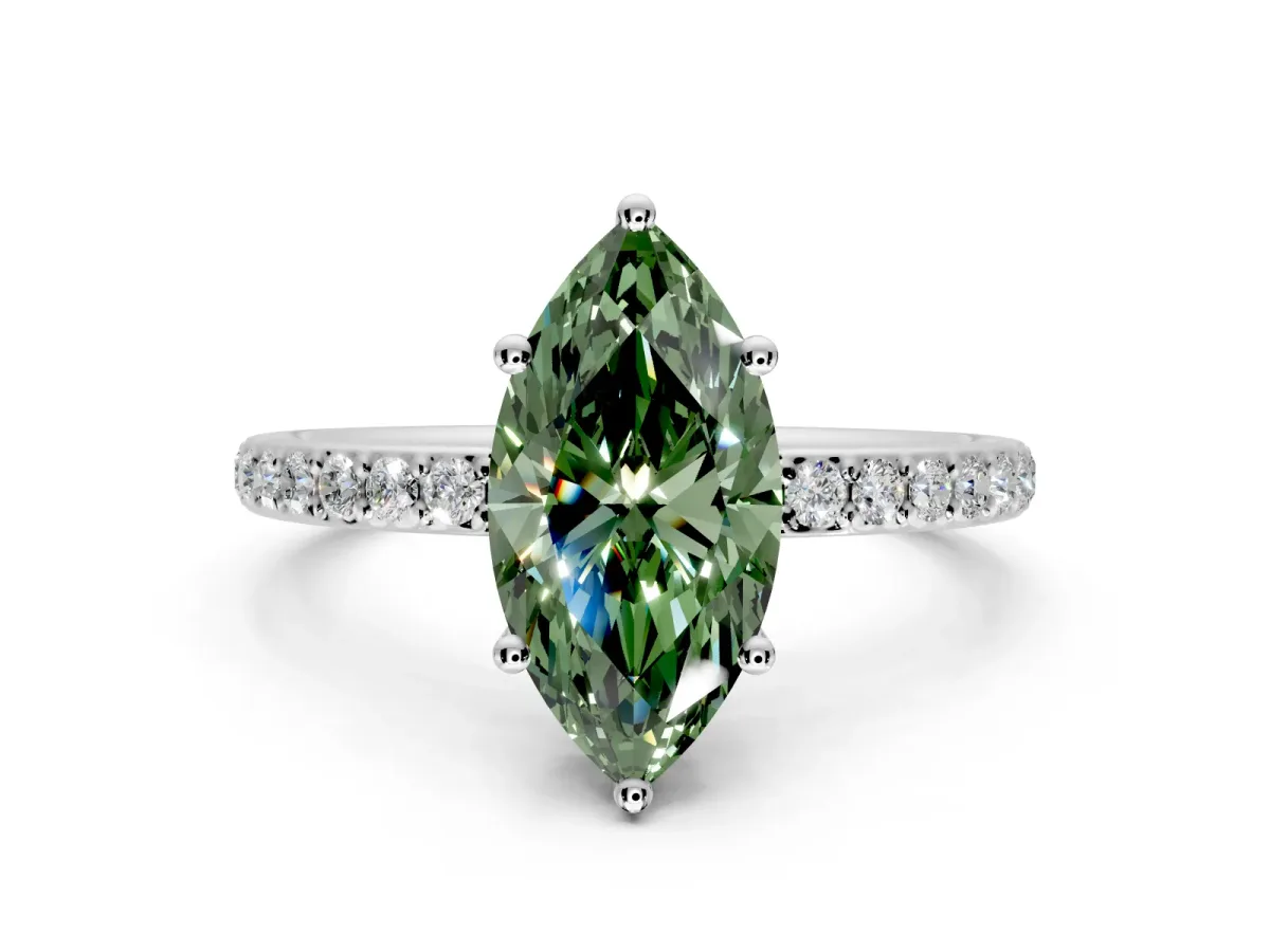 Solitaire Engagement Ring Setting for Fancy Green Marquise Center with Fine Pave Band and Prong Head in Platinum