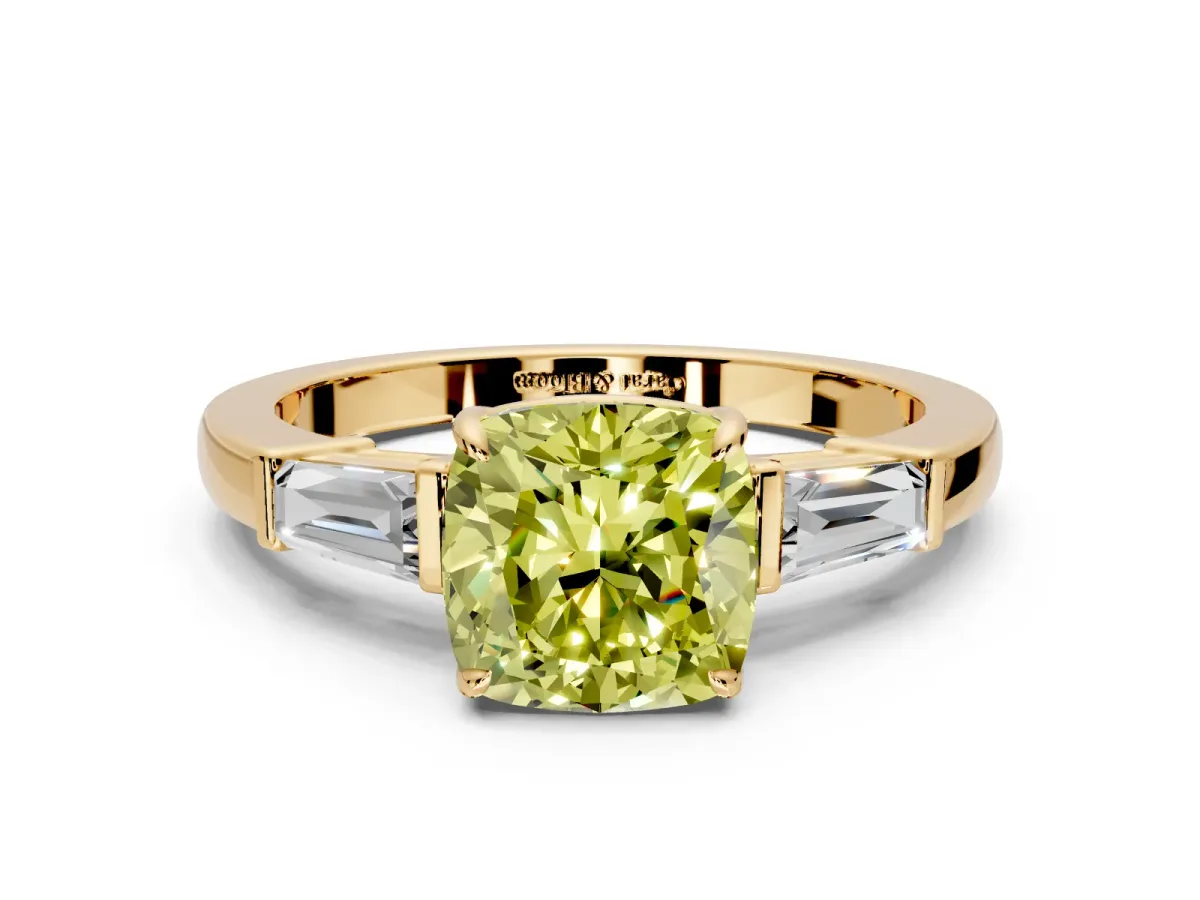 3 Stone Engagement Ring Setting for Fancy Yellow Cushion Cut Center with Baguette Accents and Prong Head in Yellow Gold
