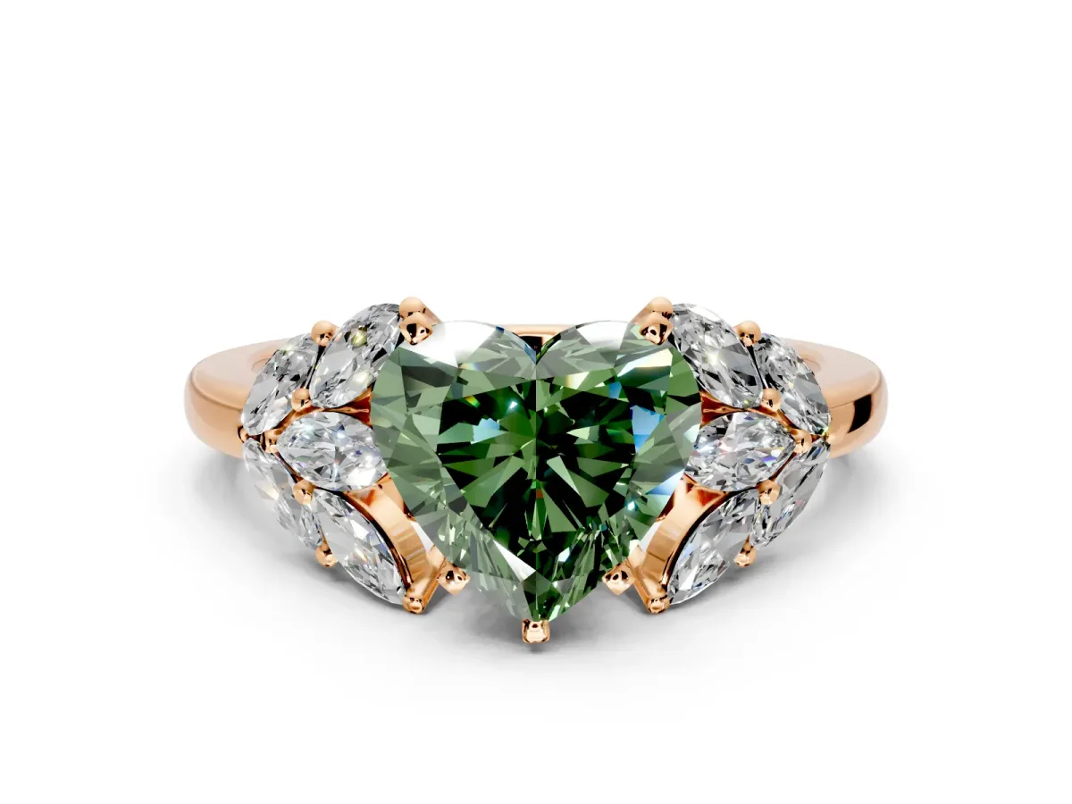 Leaf Cluster Engagement Ring Setting for Fancy Green Heart-Shaped Center with Marquise Accents and Prong Head in Rose Gold