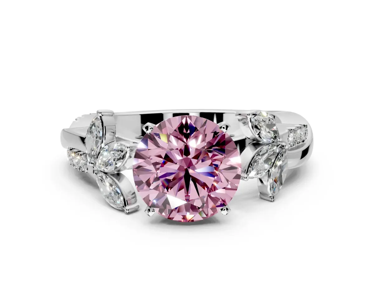 Floral Engagement Ring Setting for Fancy Pink Round Cut Center with Trailing Marquise Accents and Prong Head in White Gold