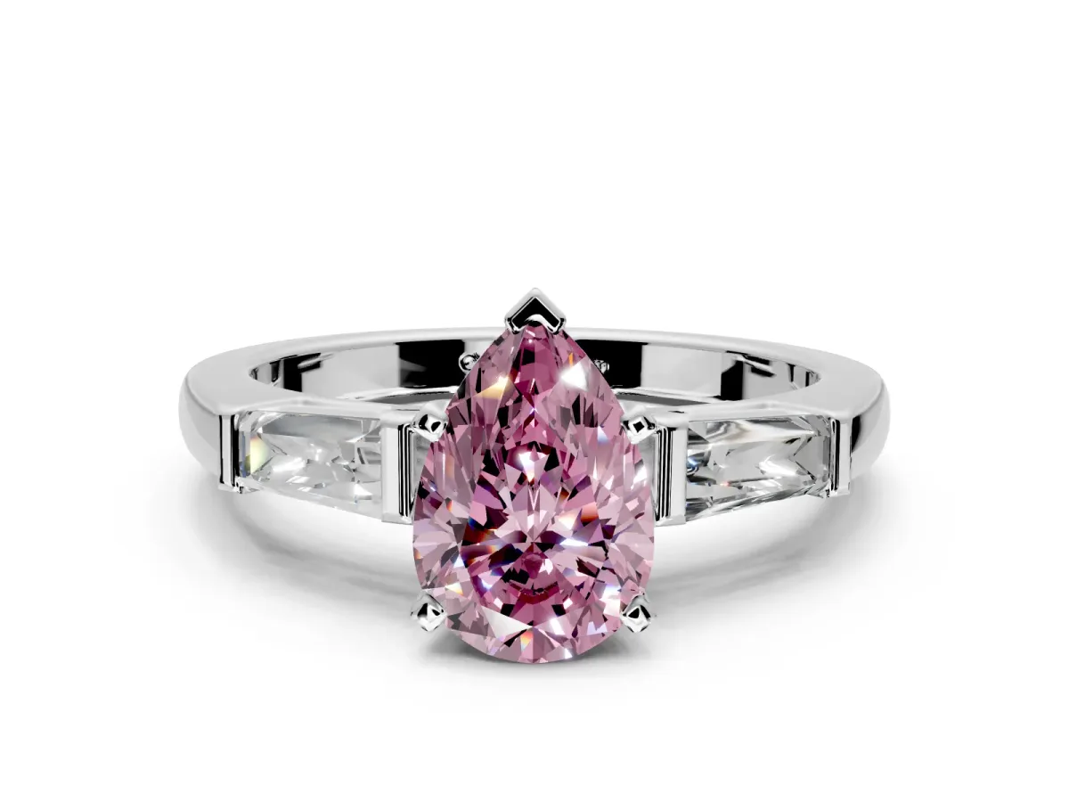 3 Stone Engagement Ring Setting for Fancy Pink Pear-Shaped Center with Tapered Baguettes, Plain Band and Prong Head in Sterling Silver