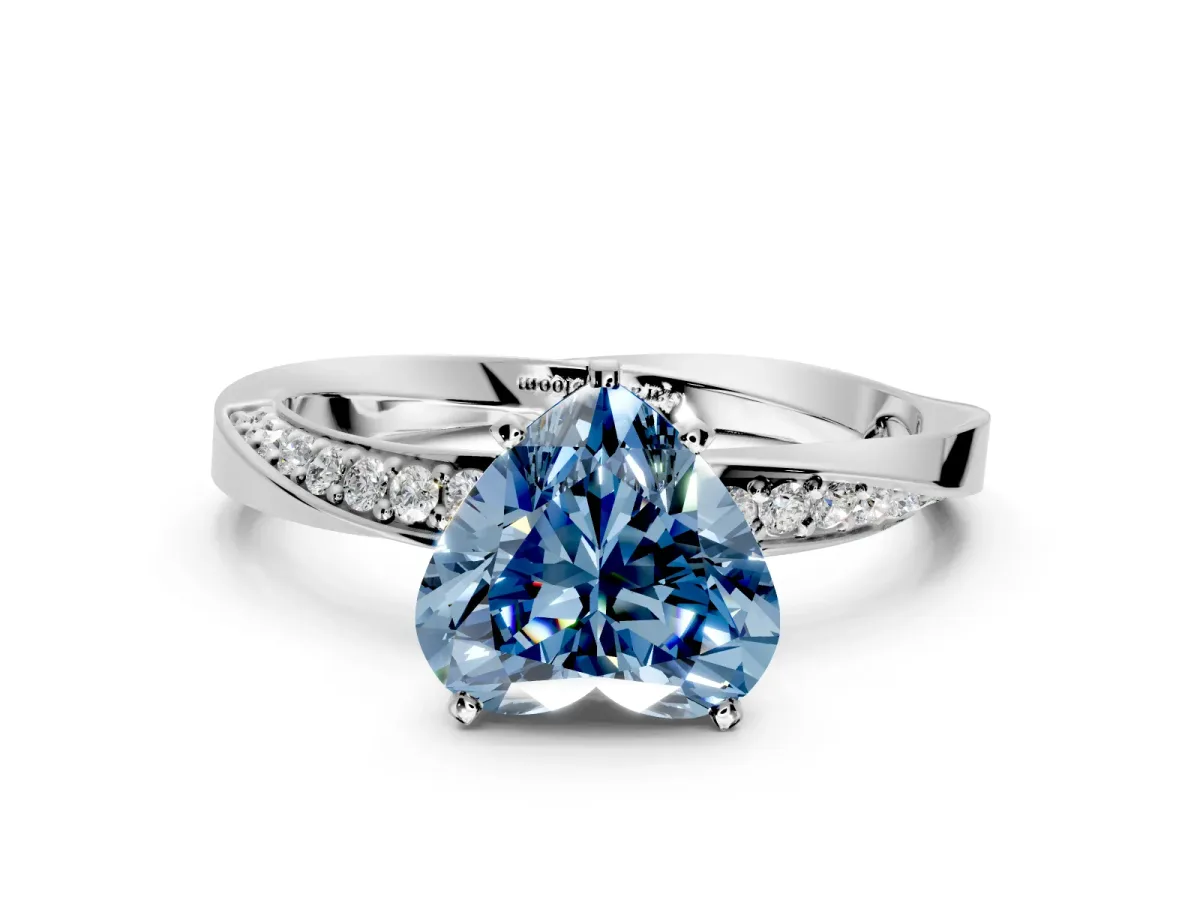 Side Accent Engagement Ring Setting for Fancy Blue Heart-Shaped Center with Accent Shoulders and Prong Head in Sterling Silver