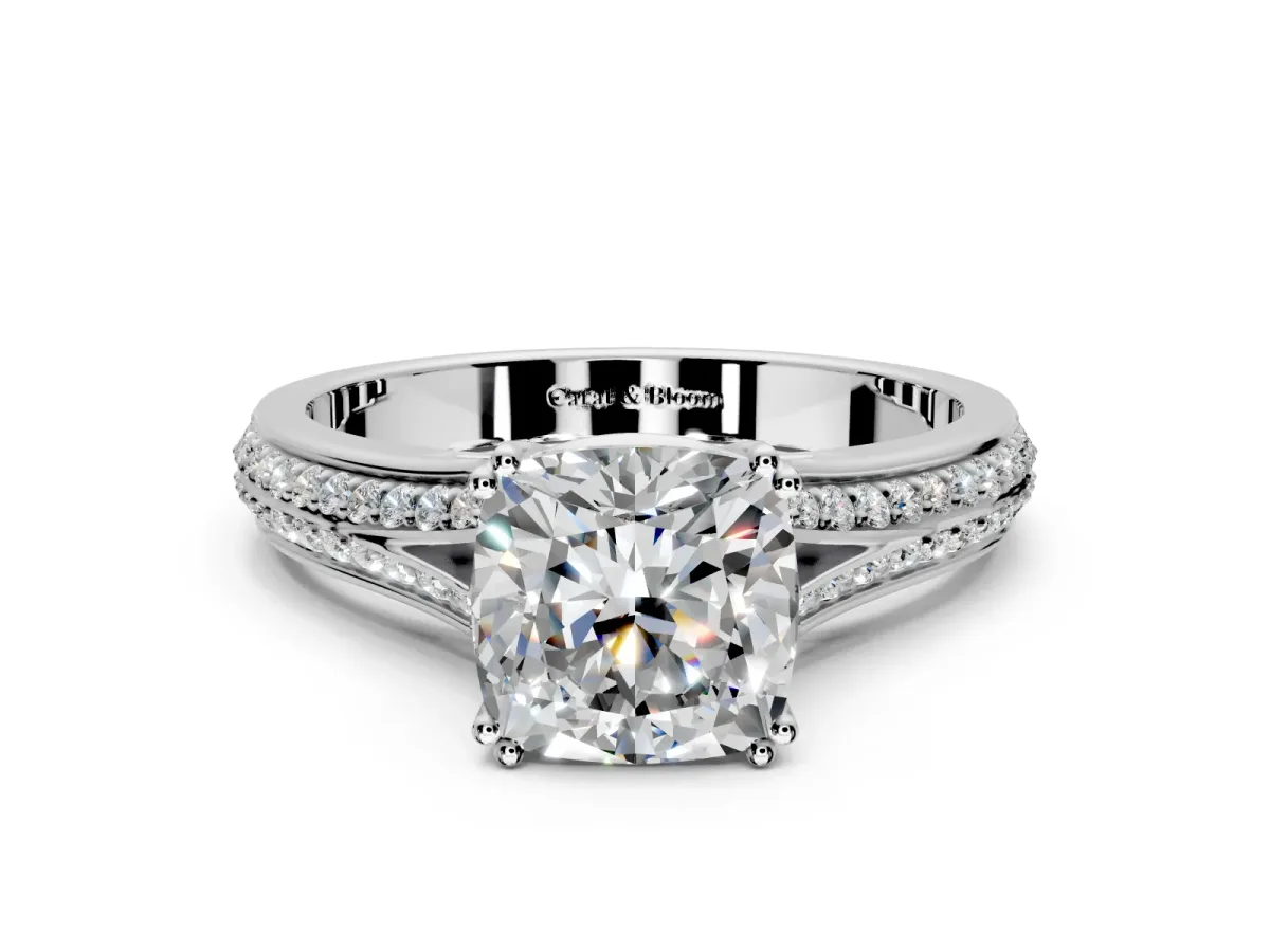 Solitaire Engagement Ring Setting for Cushion Cut Center with Pave Rail Split Shank and Prong Head in Platinum
