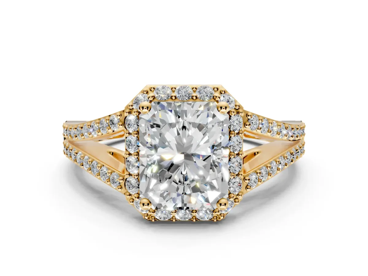 Halo Engagement Ring Setting for Radiant Cut Center with Pave Split Shank and Prong Head in Yellow Gold