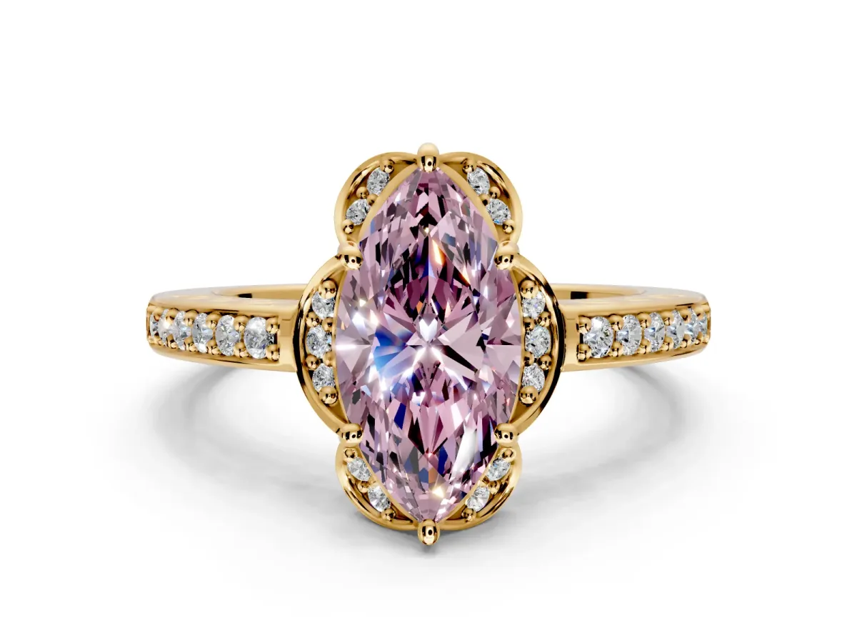 Floral Engagement Ring Setting for Fancy Pink Marquise Center with Four Accent Clusters and Prong Head in Yellow Gold