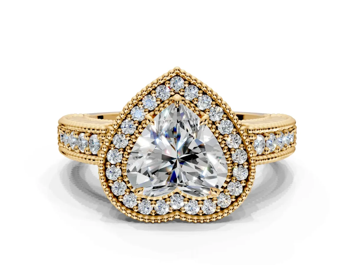 Milgrain Halo Engagement Ring Setting for Heart-Shaped Center with Pave Band and Prong Head in Yellow Gold