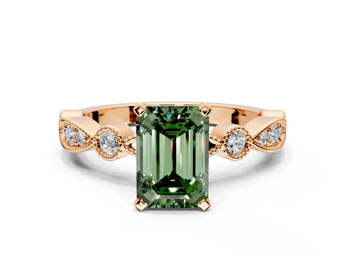 Solitaire Engagement Ring Setting for Fancy Green Emerald Cut Center with Milgrain Bezel Accents and Prong Head in Rose Gold