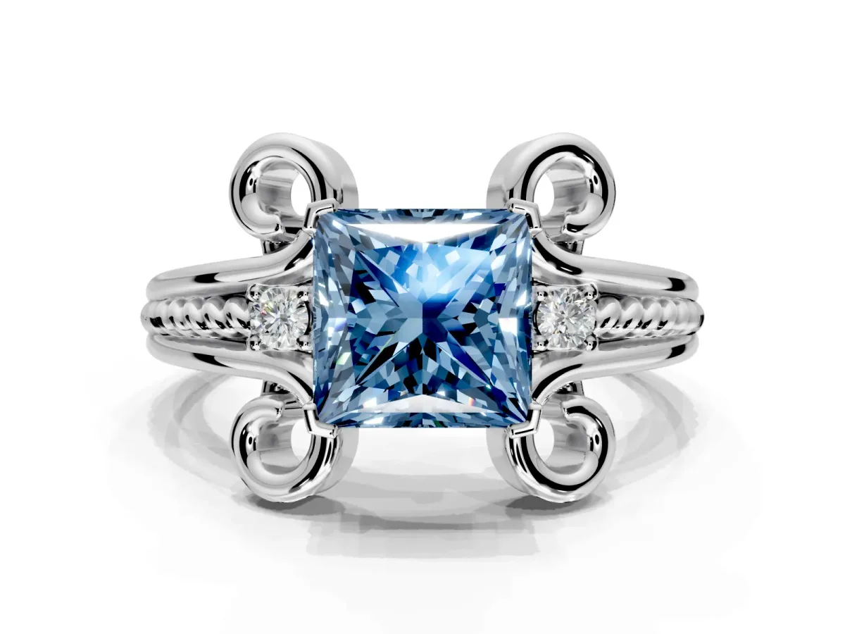 Solitaire Engagement Ring Setting for Fancy Blue Princess Cut Center with Twisted Band and Scroll Prong Head in Platinum
