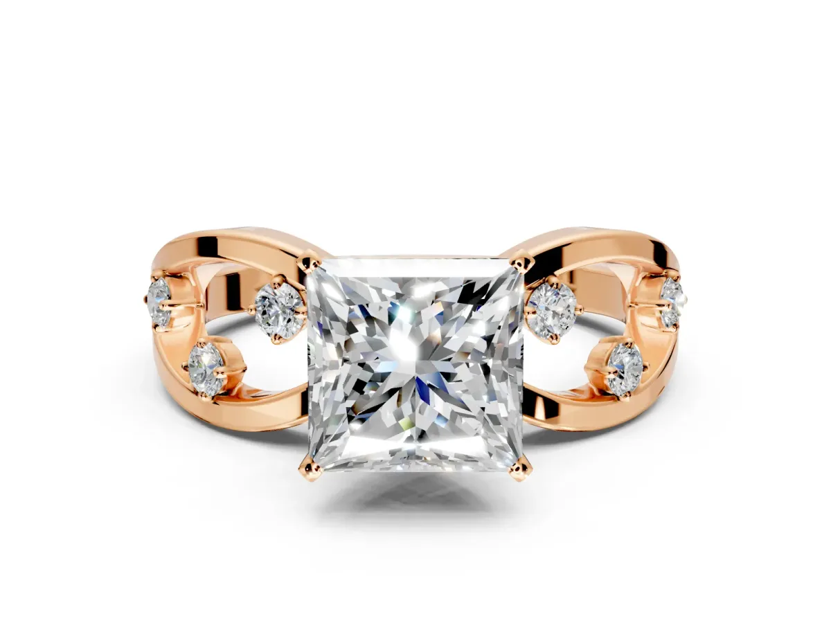 Solitaire Engagement Ring Setting for Princess Cut Center with Criss-Cross Accent Band and Prong Head in Rose Gold