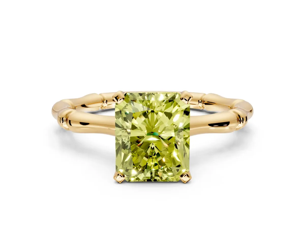 Solitaire Engagement Ring Setting for Fancy Yellow Radiant Cut Center with Bamboo Band and Prong Head in Yellow Gold