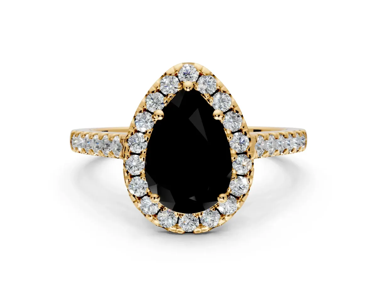 Halo Engagement Ring Setting for Fancy Black Pear-Shaped Center with Narrowing Pave Band and Prong Head in Yellow Gold