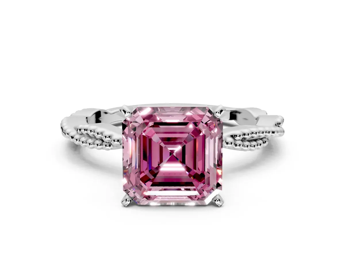 Solitaire Engagement Ring Setting for Fancy Pink Asscher Cut Center with Twist Band and Bead Prong Head in Platinum