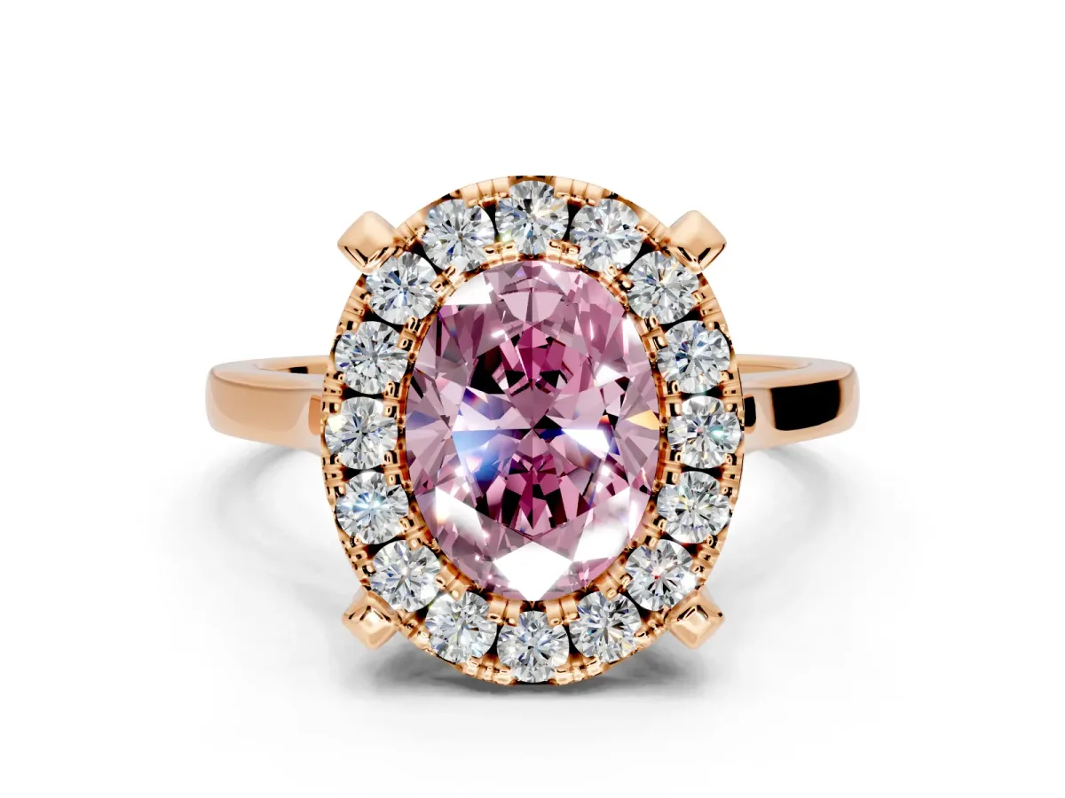 Single Halo Engagement Ring Setting for Fancy Pink Oval Center with Corner Claws, Plain Band and Prong Head in Rose Gold