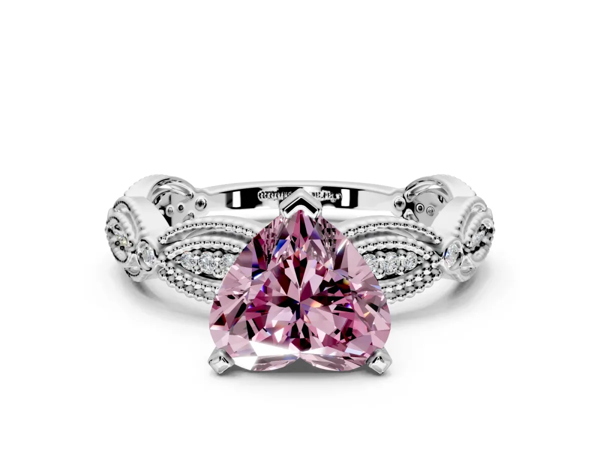 Solitaire Engagement Ring Setting for Fancy Pink Heart-Shaped Center with Marquise Panel Band and Prong Head in Sterling Silver